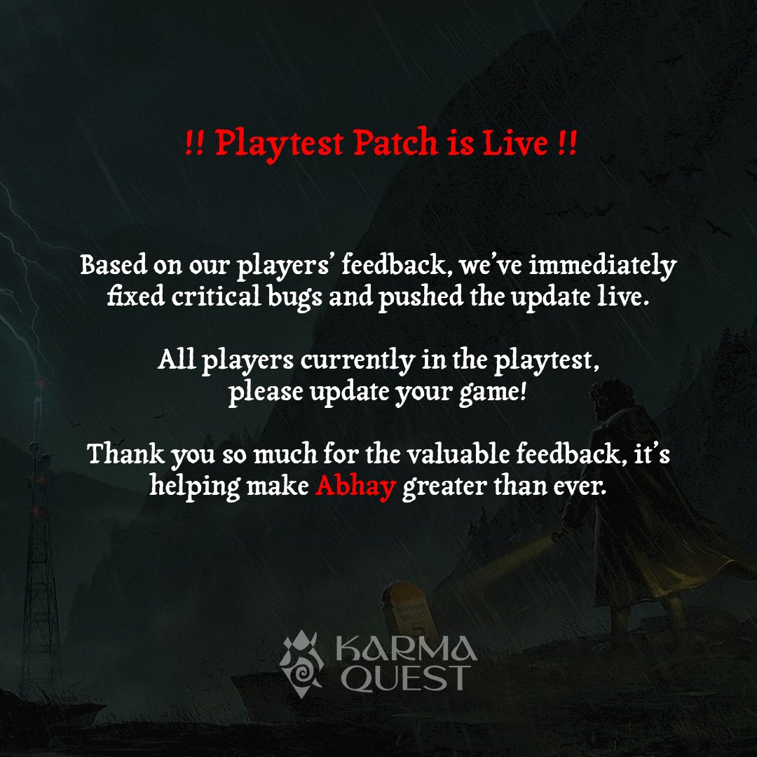 kquestcreations's tweet image. The first playtest patch for Abhay is live!

Critical bugs fixed, gameplay refined, a smoother (and darker) experience awaits.

If you got the Phase 1 Playtest email, now’s the time.
 Abhay is waiting for you in the shadows.

#abhaygame #indiegame  #karmaquestcreations
#indiedev