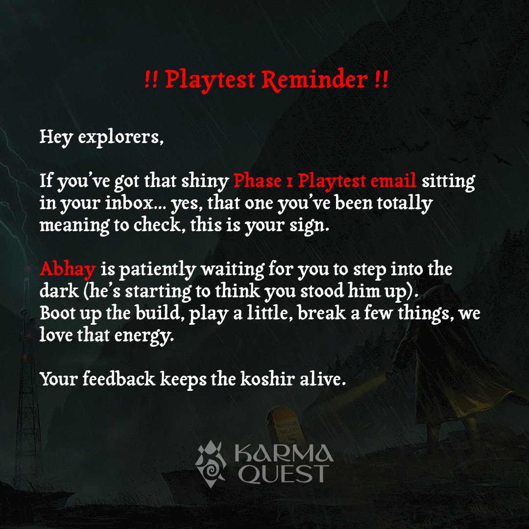 kquestcreations's tweet image. The first playtest patch for Abhay is live!

Critical bugs fixed, gameplay refined, a smoother (and darker) experience awaits.

If you got the Phase 1 Playtest email, now’s the time.
 Abhay is waiting for you in the shadows.

#abhaygame #indiegame  #karmaquestcreations
#indiedev