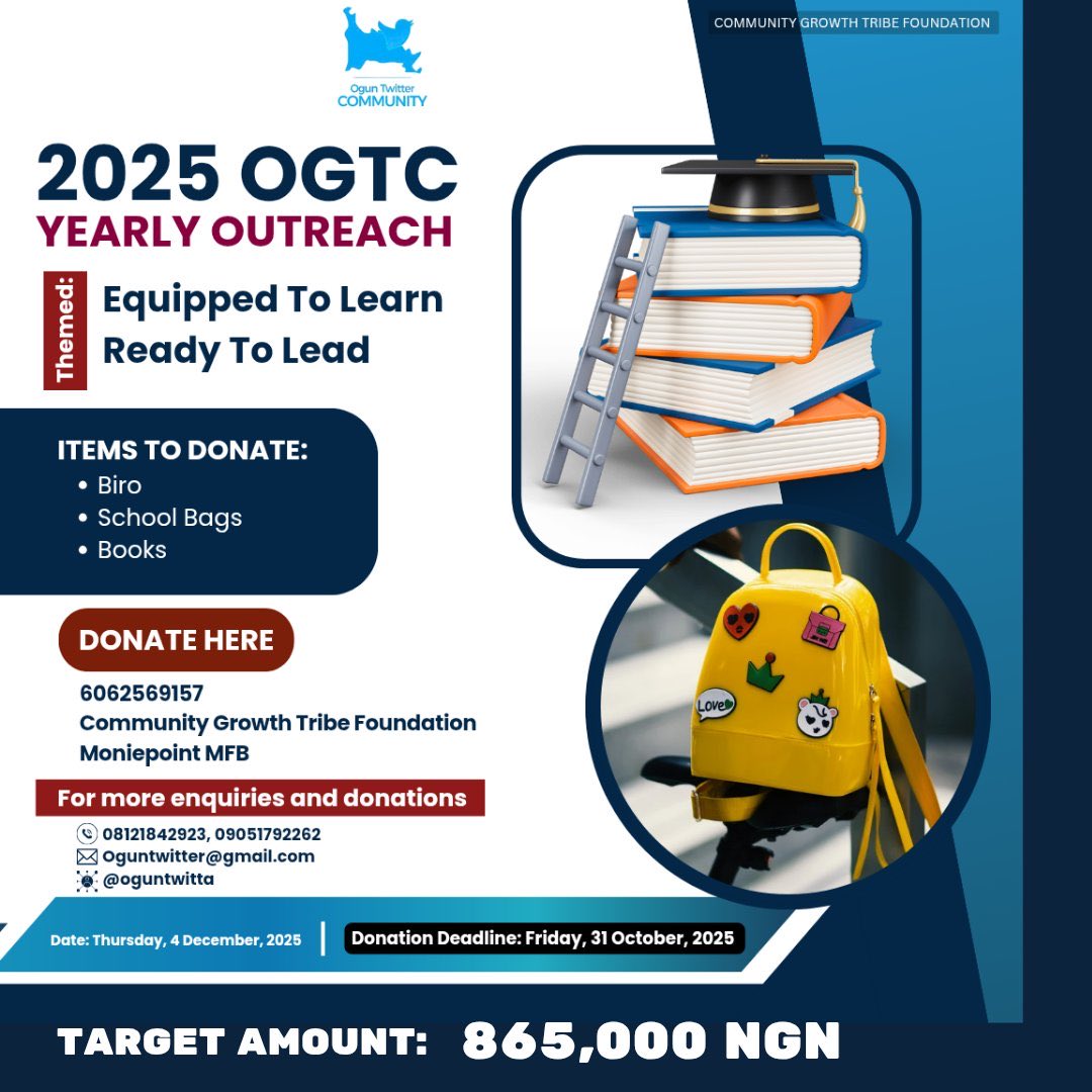 We at Ogun Twitter Community are on a mission to spark a child’s journey to learn, grow, and lead. 

Support our fundraiser today! Your token will help achieve this

6062569157,
Community Growth Tribe Foundation
Moniepoint MFB

#OgunTwitterCommunity #EquippedToLearn