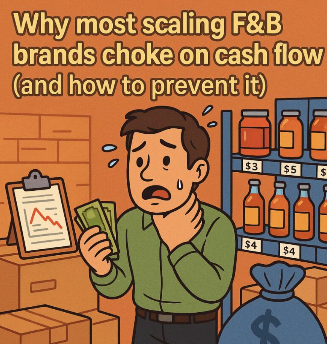Here’s how smart F&amp;B founders stay in control: 

➛ Forecast cash flow weekly 
➛ Build in reserves for supplier delays and slow-paying clients 
➛ Know your margins with shelf life factored in 
➛ Negotiate supplier and distributor terms early, cash flow is leverage
#Cashflow