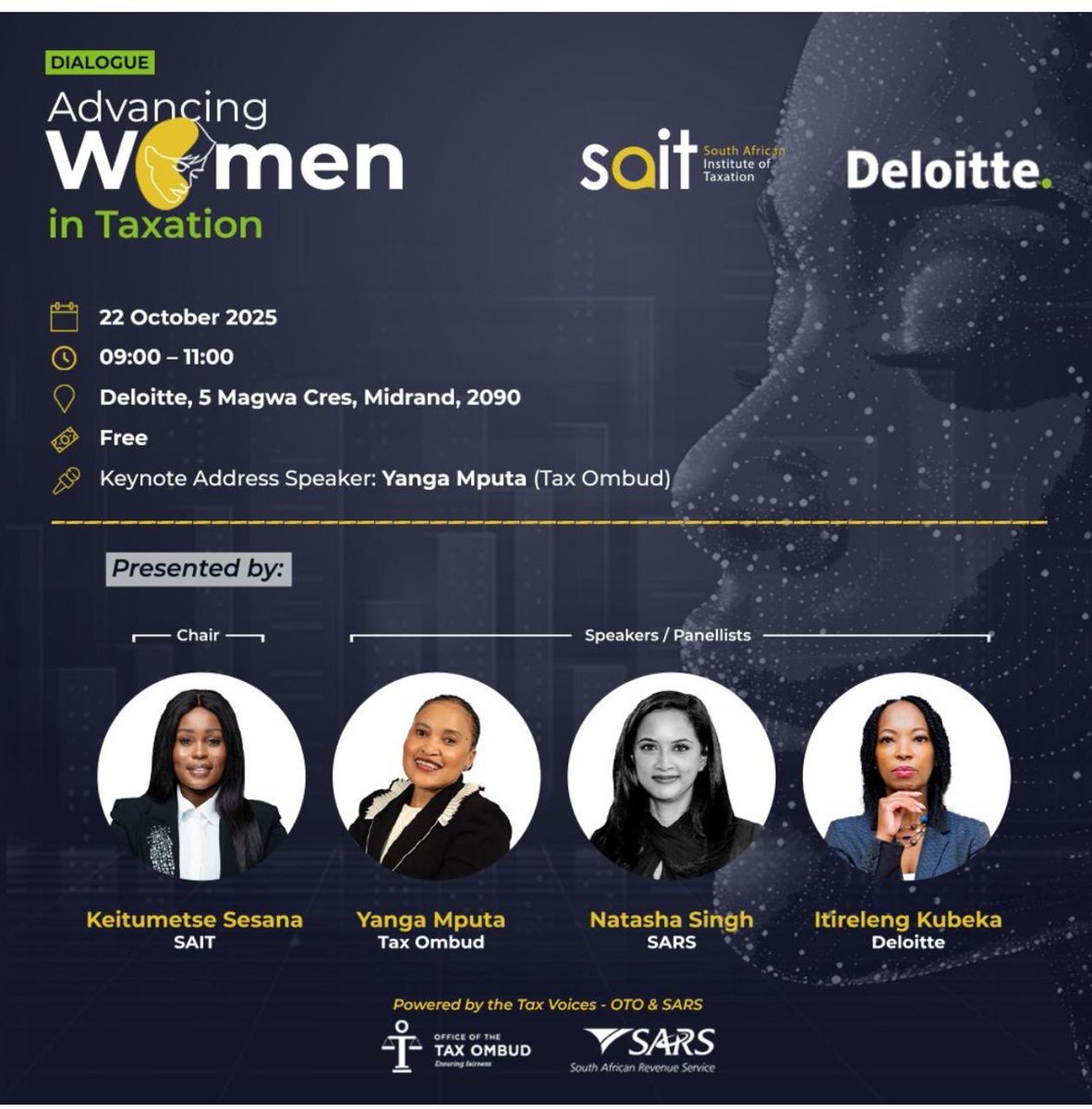 Breaking Barriers in Taxation!  

Tax Ombud, Ms Yanga Mputa is  part of the Inaugural Dialogue: Advancing Women in Taxation as a  keynote speaker, and is joined by  Natasha Singh, Director: Large Business &amp; International Segment, South African Revenue Services (SARS), Itireleng
