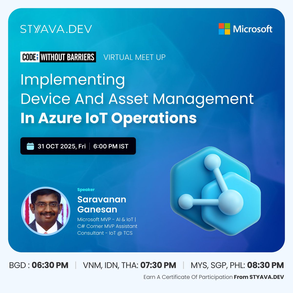 StyavaD's tweet image. Managing IoT devices shouldn’t feel like chaos. 😩
Learn how the pros handle updates 🔄, tracking 📊 &amp;amp; security 🔐 — all through Azure IoT.
🔗 styava.dev/event-detail/f… 
📅 31 Oct | 🕕 6 PM IST
Join live &amp;amp; make IoT management simple again. 🚀

#styavadev #AzureIoT #Developers