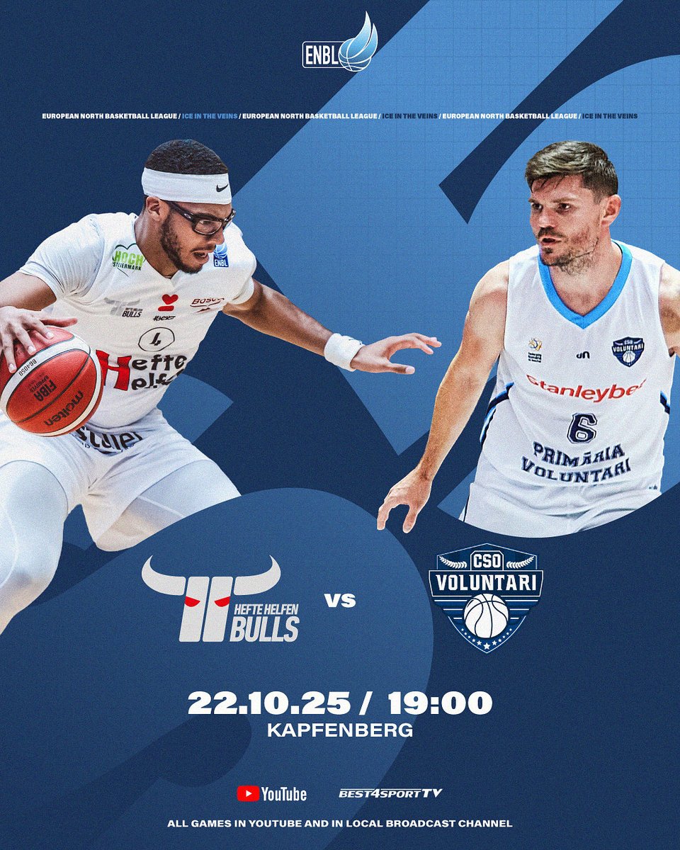 Bulls ready to charge! 🐂
A clash of power and precision — Kapfenberg Hefte Helfen Bulls vs CSO Voluntari. This one’s going to be intense! 💪

⌚️ 19:00 (local time)
📍 Kapfenberg
🔴 LIVE on YouTube and local broadcast channel 
#ENBL2026 #KapfenbergBulls #wethesouth #IceInTheVeins