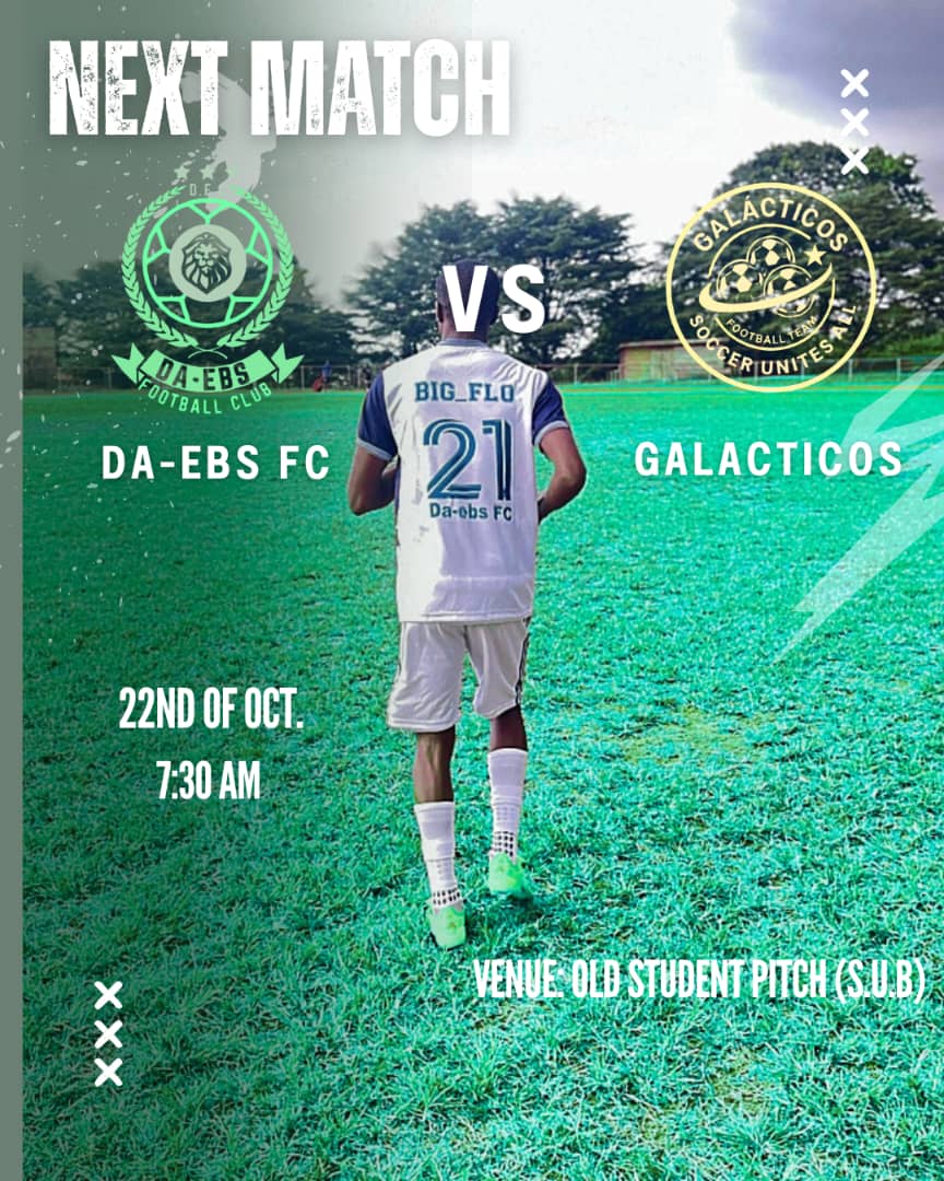 🔥 MATCHDAY 🔥

No time to rest as — the lions are back in action to keep our winning streak in motion! 🦁⚽
Fresh from a massive 3–0 victory, DA-EBS FC is set to lock horns with sigma cup semi finalists, the Galacticos FC in what promises to be another thrilling showdown! 🤍