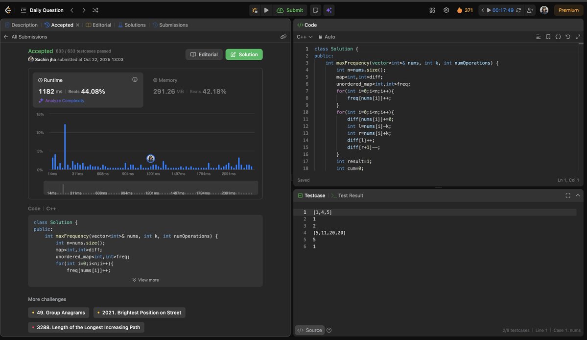 Sachin25660937's tweet image. 🏁 Day 10 of #100DaysOfCode
Solved today’s LeetCode problem using an optimized approach of ordered map in the first version of this problem i used difference array and that was the approach through i get this 💪
#LeetCode #Coding #DSA #BuildInPublic
