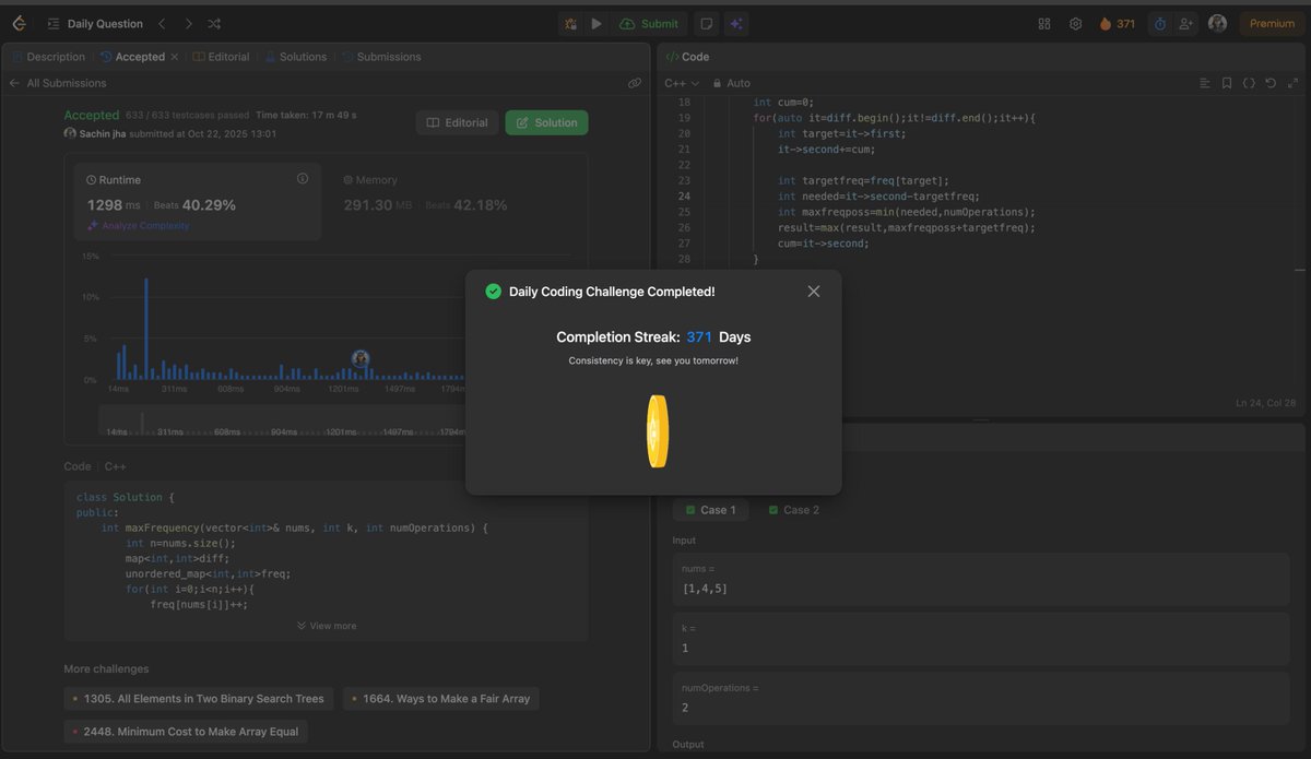 Sachin25660937's tweet image. 🏁 Day 10 of #100DaysOfCode
Solved today’s LeetCode problem using an optimized approach of ordered map in the first version of this problem i used difference array and that was the approach through i get this 💪
#LeetCode #Coding #DSA #BuildInPublic
