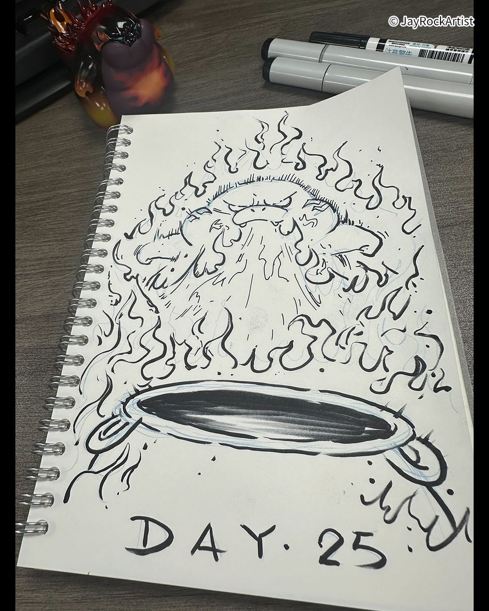 jayrockartist's tweet photo. #Inktober #INFERNO #Inktober2025 #InktoberChubbyMonsters

Day 25｜

他們看���一個鍋爐被藍色火焰包圍。

火旺與火焰對撞，背鰭閃耀前所未有的光芒。烈火化為順服的火環，守護鍋爐。

They found a cauldron with blue flames. Huowang embraced the flames, the inferno became rings of fire. https://t.co/tamXy4xsmp