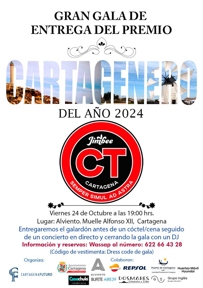 Este viernes entregaremos el galardón de Cartagenero del año a el equipo del @jimbeecartagena por sus éxitos representando a nuestra ciudad.
No te lo pierdas. Información y reservas por wassap al 622 66 43 28.
@puertodectg