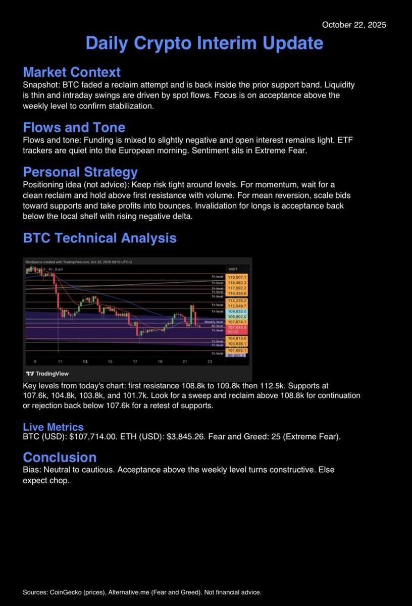 donsparconft's tweet image. Bitcoin slips back inside the prior support band.
BTC trades near 107.7k and ETH near 3.85k.
The Fear and Greed Index reads 25 and signals extreme fear.
First resistance is 108.8k to 109.8k with 112.5k above.
Acceptance above the weekly level would improve the bias.