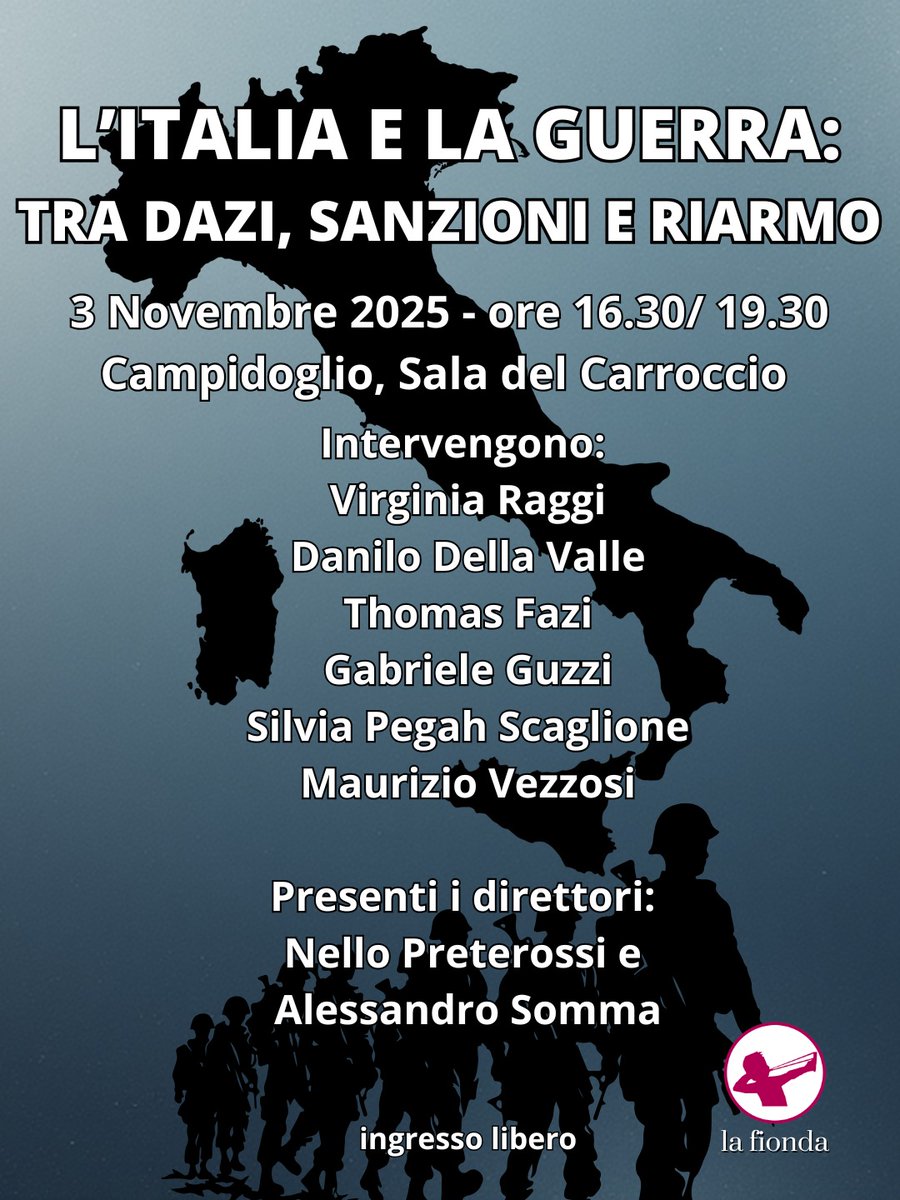 RivistaLaFionda's tweet photo. Lunedì 3 novembre 2025, dalle ore 16.30 alle 19.30, la rivista di politica e cultura La Fionda promuove in Campidoglio (Roma), presso la Sala del Carroccio, un incontro pubblico dedicato alla congiuntura internazionale e alla sua crescente complessità. Il focus della discussione si concentrerà sulle misure sanzionatorie rivolte contro alcuni dei paesi BRICS+ e sull’impatto che esse hanno generato sulla realtà sociale ed economica dell’Europa occidentale e dell’Italia in primis.

Quali effetti hanno sortito le sanzioni promosse dall’Unione Europea prima e dopo l’attacco russo all’Ucraina? Perché gli Stati Uniti impongono dazi e scelte antieconomiche a paesi certamente non ostili come l’Italia? Partendo da queste domande l’incontro vuole offrire delle riflessioni utili sui motivi che condizionano il presente economico e politico dell’Italia. Sul tavolo anche le scelte dell’Unione Europea in materia di riarmo, presentate come risposta a una presunta minaccia militare russa: si tratta di scelte realmente necessarie o di risorse sottratte alle politiche sociali ed agli investimenti pubblici? In questo quadro sarà affrontata anche la questione del doppio standard sulle sanzioni: dure contro la Russia e l’Iran, a lungo inesistenti o neppure simboliche verso Israele, nonostante il massacro deliberato della popolazione civile a Gaza.

Apriranno i lavori @virginiaraggi (già Sindaco di Roma Capitale) e @Dani_DellaValle (deputato al Parlamento Europeo).
Interverranno @battleforeurope (saggista), @GabrieleGuzzi (economista e docente presso l’Università di Cassino), Silvia Pegah Scaglione (studentessa italo-iraniana) e Maurizio Vezzosi (analista geopolitico).

A seguire, dibattito aperto.
Saranno presenti i direttori de La Fionda, i professori Nello Preterossi e Alessandro Somma, insieme a diversi membri della redazione. Verranno inoltre invitati esponenti del mondo della cultura, della politica e del giornalismo in linea con i temi dell’iniziativa.
