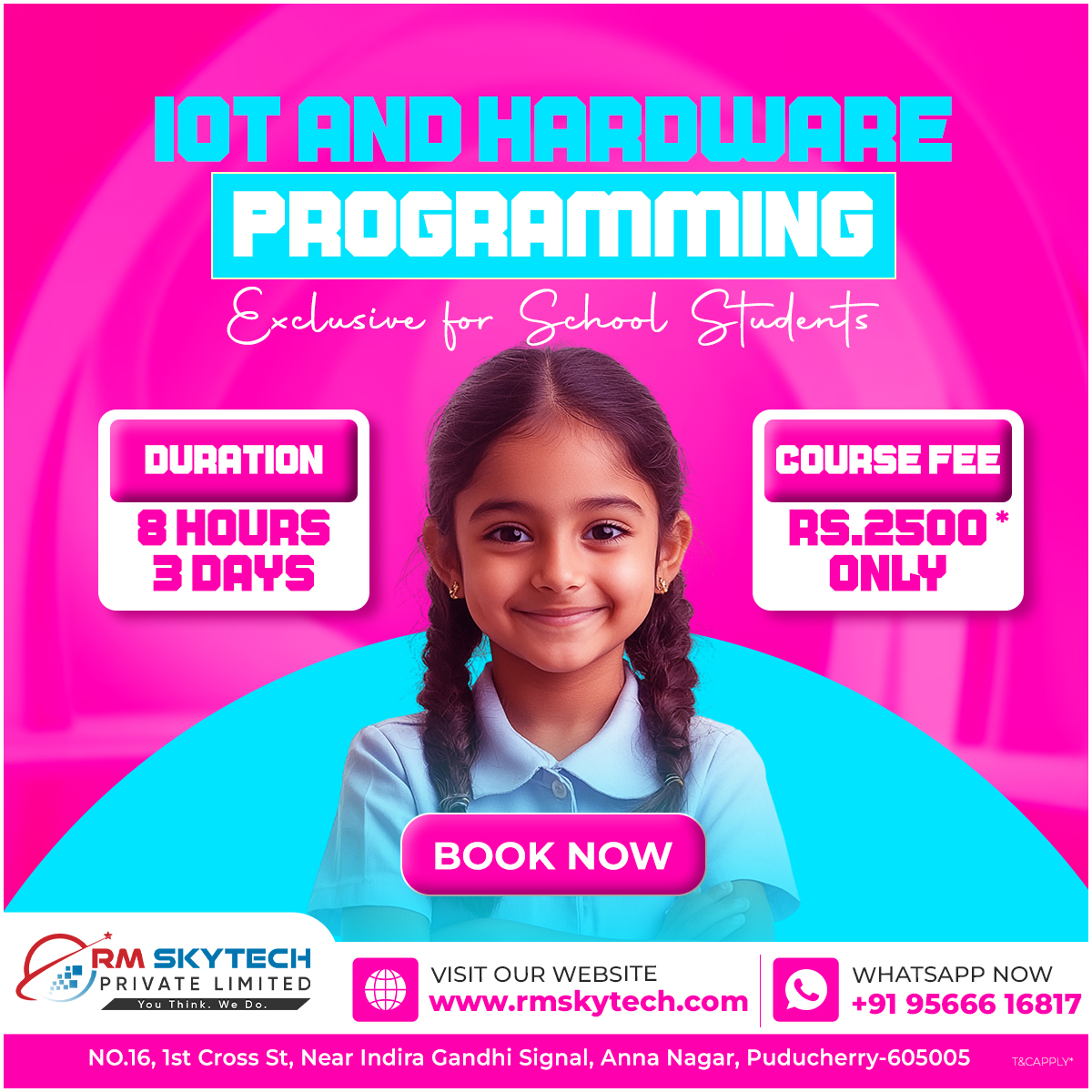 RMSkyTech1's tweet image. IoT & Hardware Programming for School Students! 🤖 Learn in 8 Hrs/3 Days for ONLY ₹2,500* | RM Skytech Pondicherry
#IoTProgramming #SchoolStudents #8HourCourse #RMSkytech #HardwareProgramming #KidsInTech #CourseFee2500 #PuducherryClasses
#STEMforKids #TechWorkshop #3DayWorkshop
