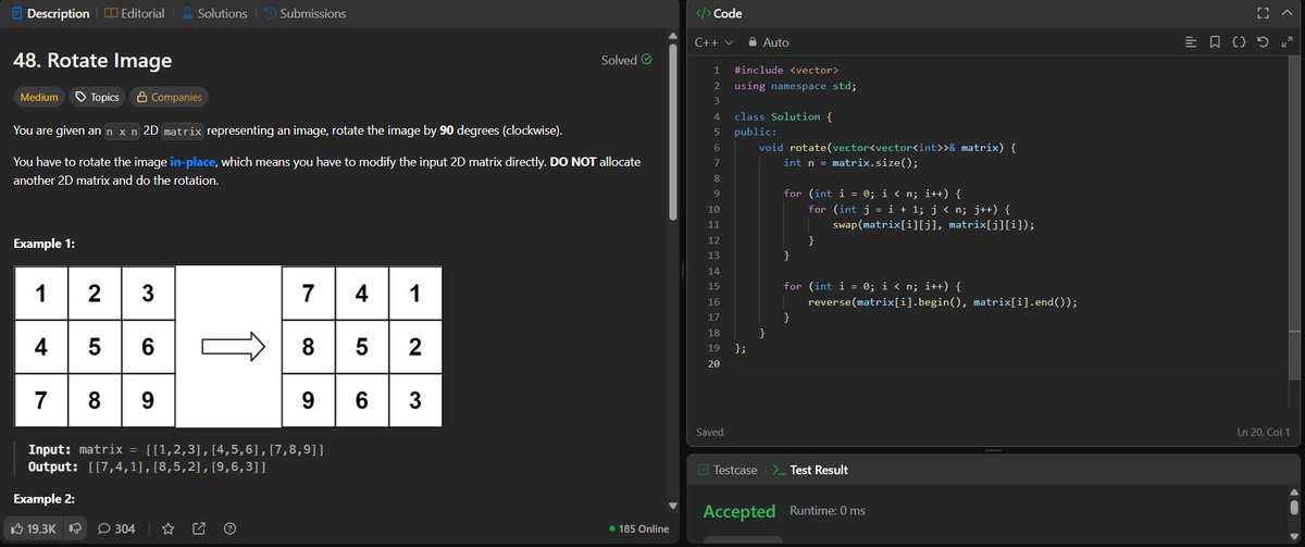 nivedita_s0001's tweet image. #Day20 of #150DaysLevelUp with @siamjuit
🚀 Rotate a Matrix 90° Clockwise in C++
1️⃣ Transpose the matrix
2️⃣ Reverse each row
#CPP #Coding #LeetCode #DSA