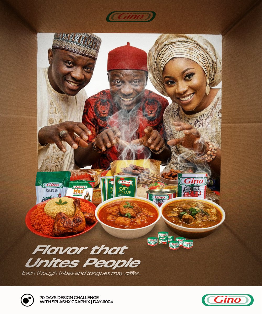 Day 4 of #70DaysDesignchallengeSXG is featuring <a href="/GinoTomatoNaija/">Gino Tomato Paste</a> 

Unboxing the flavor of Nigeria! This illustrates how Gino creates a moment of perfect harmony, where diverse families and cultures put aside their differences to celebrate the delicious Flavor that Unites People.