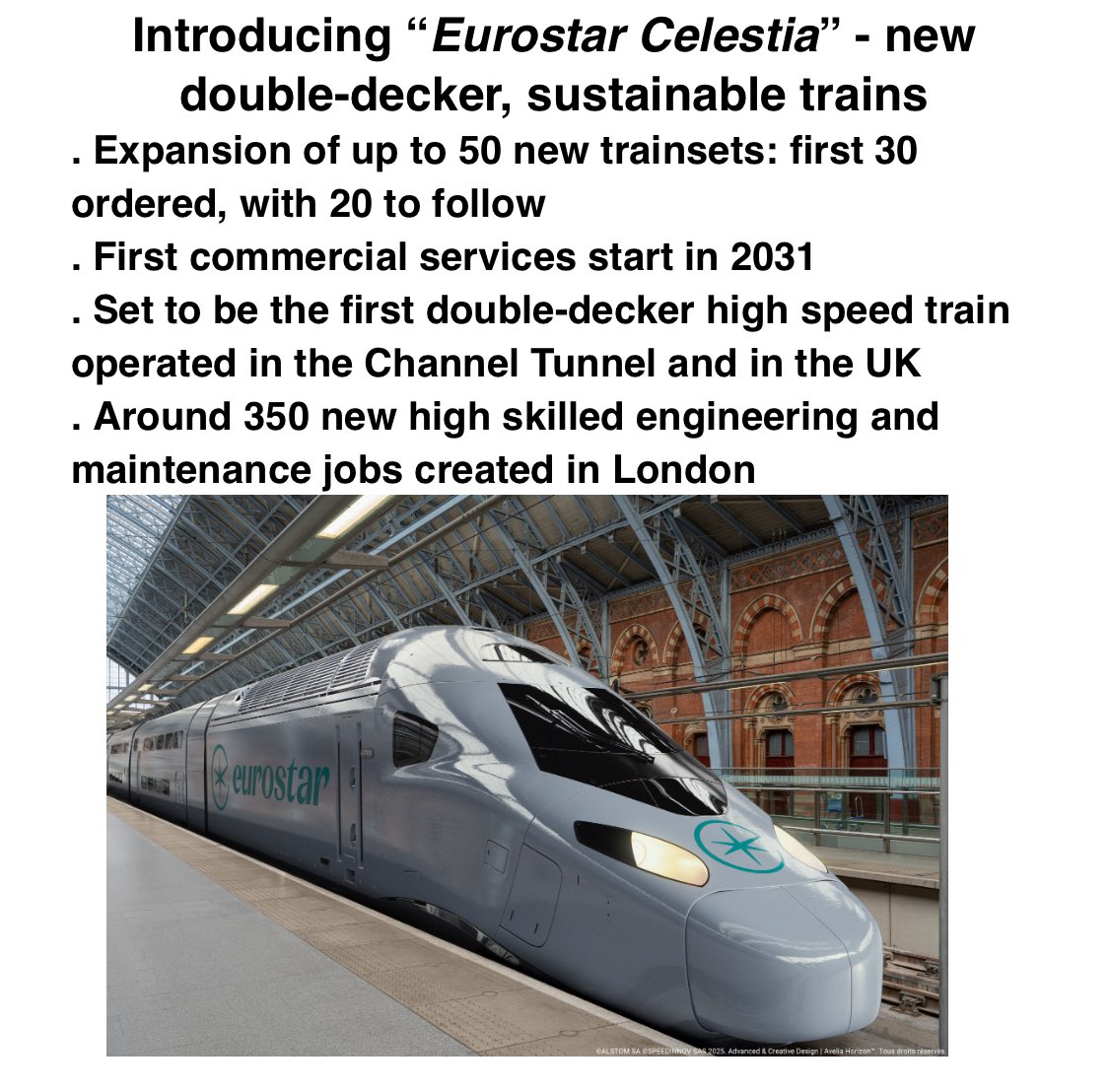 Eurostar plans to remodel Temple Mills depot in East London for its fleet of 30 200-metre new double-deck trains from Alstom. It has options for 20 more which, when paired, will seat  1,080. This comes as open access operators jostle for access to crowded TM. May 2031 launch.