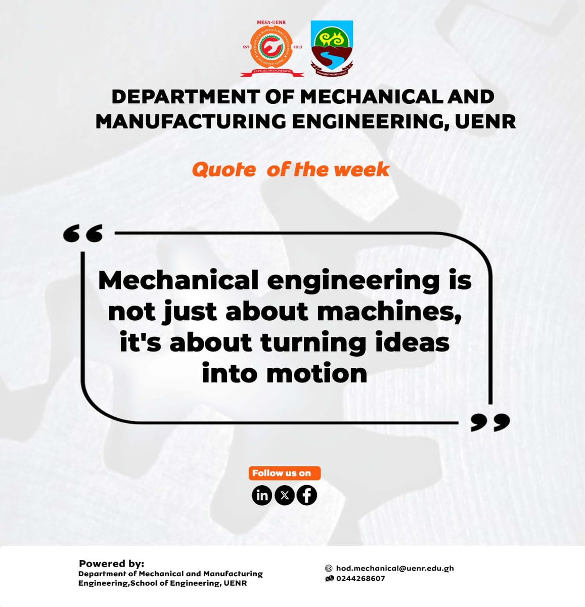 MesaUenr's tweet image. 💭 “Mechanical engineering is not just about machines, it’s about turning ideas into motion.”
At UENR’s Department of Mechanical and Manufacturing Engineering, we shape innovators who bring ideas to life.
#UENR #MechanicalEngineering #Innovation #STEM #EngineeringExcellence