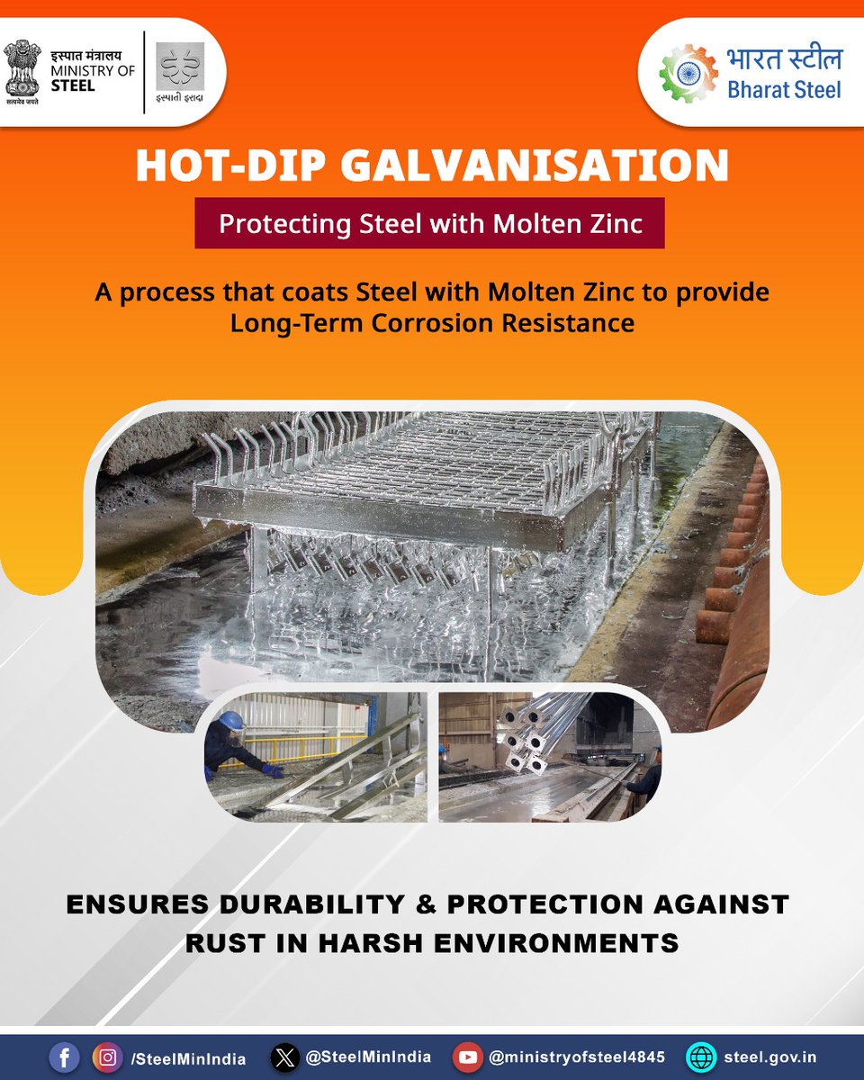 SteelMinIndia's tweet image. Hot Dip Galvanization — coating steel with molten zinc for long-term corrosion protection and lasting strength.🛡️

#HotDipGalvanisation #SteelSimplified #SteelProtection #CorrosionResistant #ZincShield #DurableSteel #EngineeringMarvel #SteelInnovation