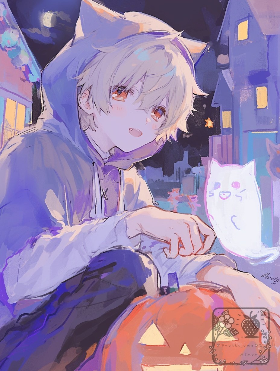 りょうちゃん様予約 絵画「猫の背中にハロウィン／小鳥ブレーメンハロウィン」 りょうちゃん様予約 絵画「三匹の猫とプリンアラモード」「猫の