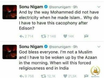 Two smartphone screenshots of tweets by Sonu Nigam displayed side by side. The left tweet questions why there is cacophony after Edison since Muhammad did not have electricity when he made Islam. The right tweet states Sonu Nigam is a Muslim and blessed to be woken by Azaan in the morning asking when this forced religiousness will end in India. Includes engagement metrics likes retweets replies and a flag icon.