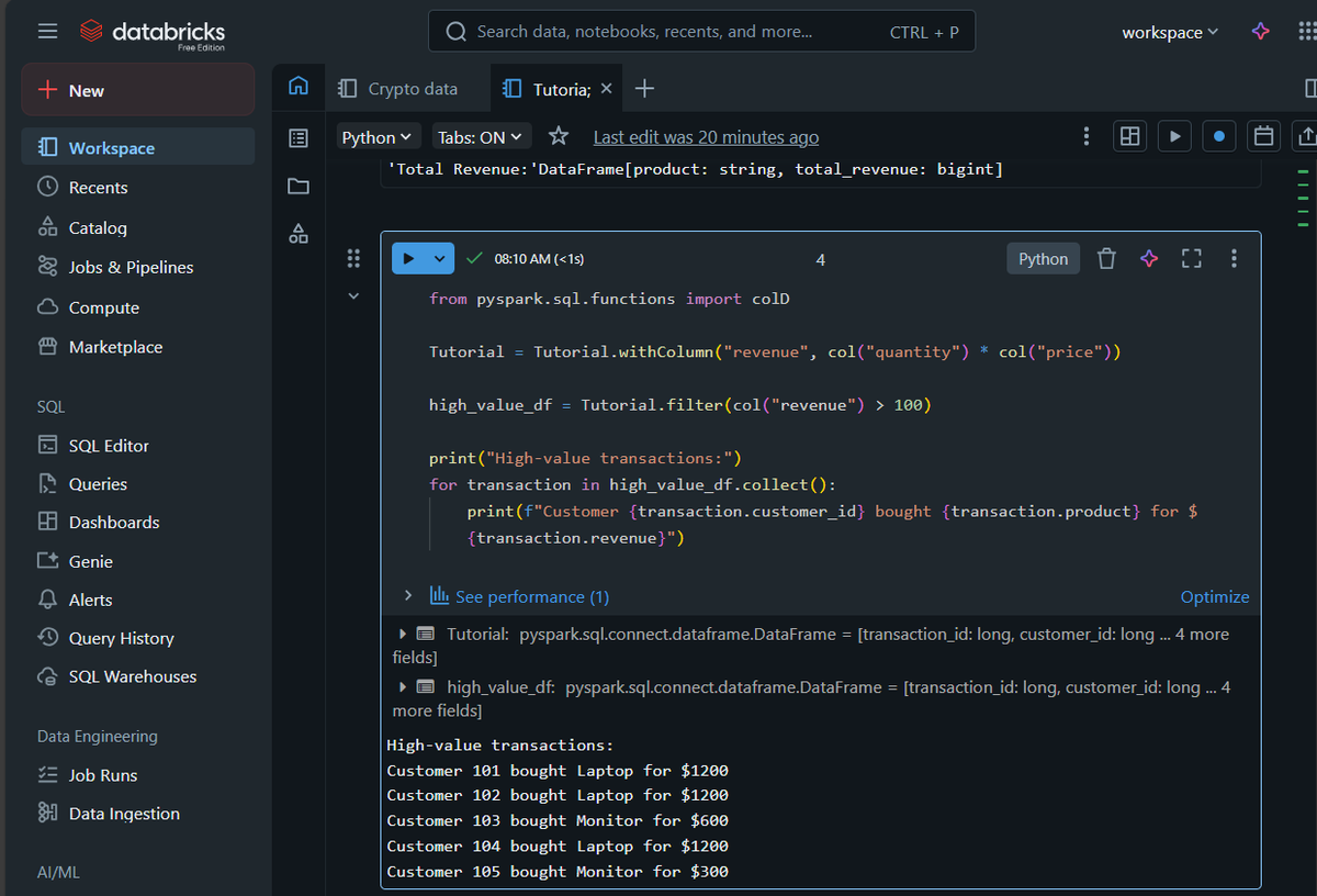 dat_Godwoman's tweet image. Just wrapped up my first PySpark project on Databricks and wow, I learned more in two days than I did reading docs for weeks.
I built a mini e-commerce analytics pipeline (just 10 transactions!) that:
Calculated product-level revenue
Flagged high-value purchases (>$100)…