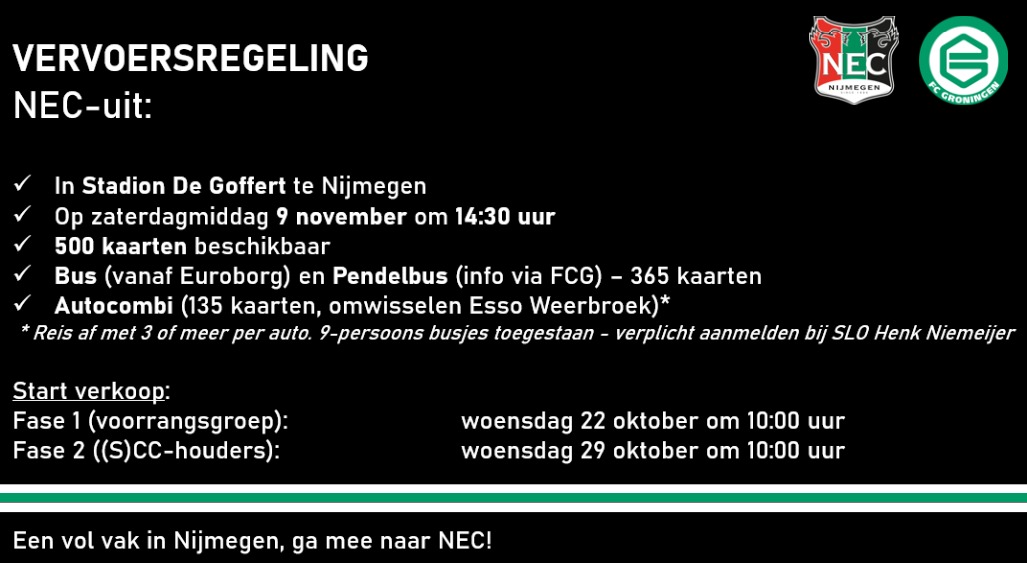 Om 10.00 uur start de verkoop van fase 1 voor NEC-uit

Er gaan 500 kaarten in de verkoop met zowel auto-, pendel-, als bustickets 

Ga mee naar De Goffert! Op naar een uitverkocht uitvak!💚

#fcgroningen #necgro