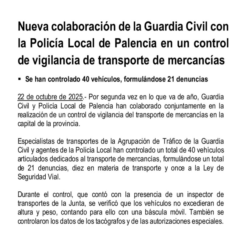 🫱🏻‍🫲🏽Nueva colaboración de la Guardia Civil con la Policía Local de Palencia en un control de vigilancia de transporte de mercancías