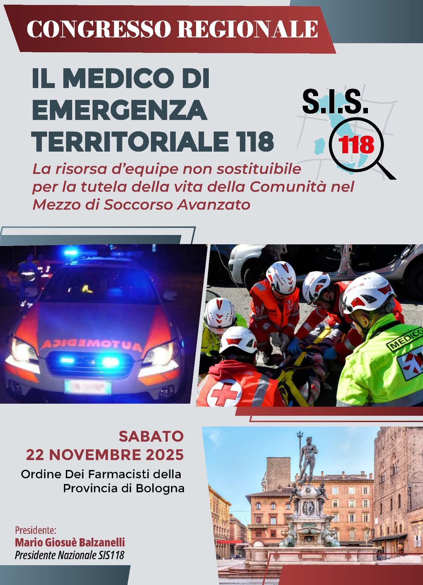 Il Medico di Emergenza Territoriale 118
Risorsa d’equipe insostituibile per la tutela della vita nel mezzo di soccorso avanzato.

📅 22 novembre 2025 – Bologna
Evento ECM n. 1037-466371 – 4 crediti

Iscrizioni gratuite su 👉 meetingwords.it/eventi/il-medi…