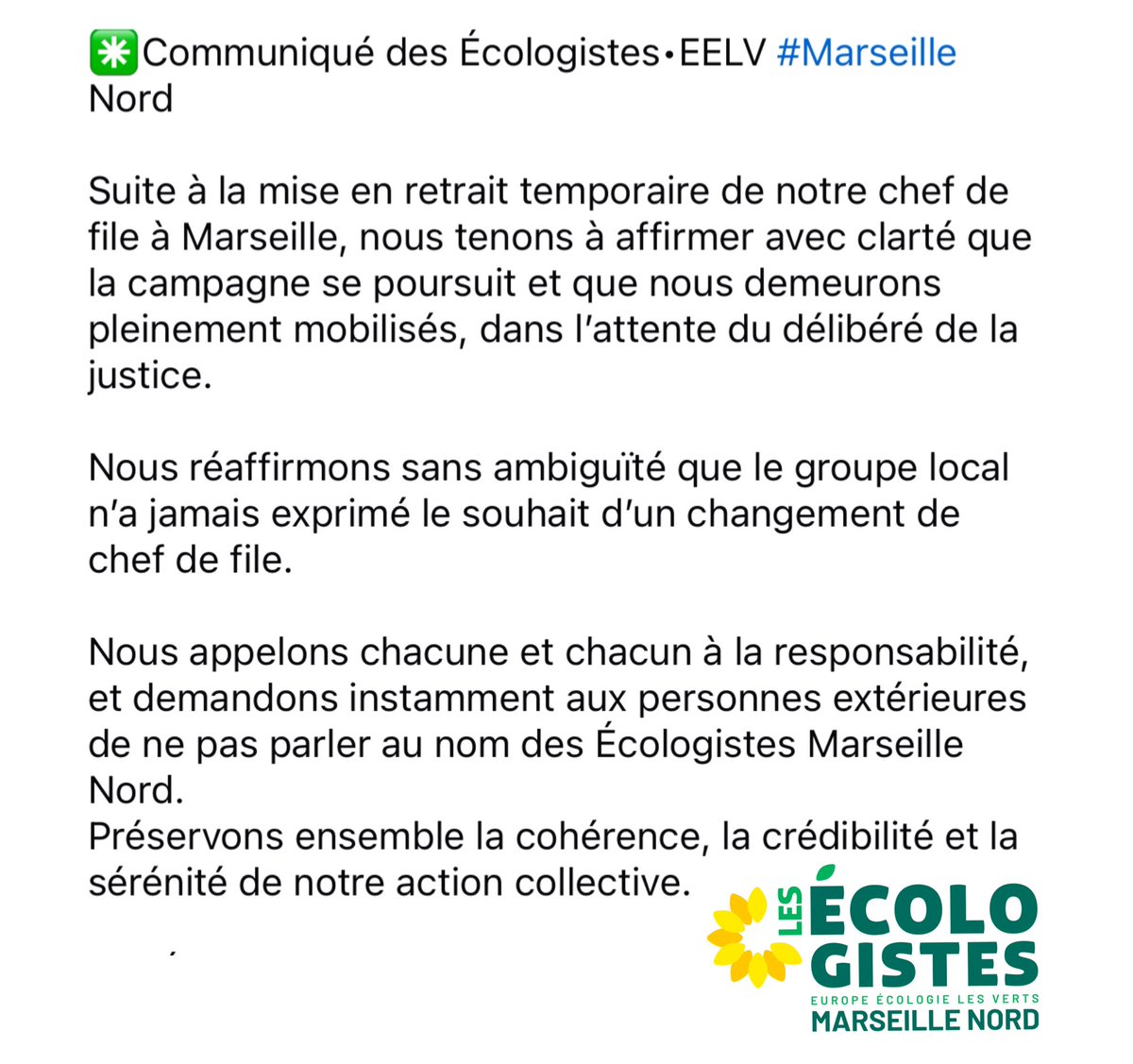 ✳️Communiqué de presse des Écologistes #Marseille Nord !