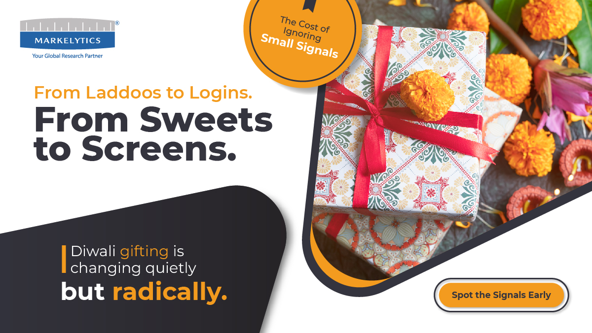 Our Diwali report spotted a shift: 
42% chose online gift cards
35% gadgets

Small signals often whisper before they roar. Festive gifting is moving digital. Catch trends early with Markelytics.

sales@markelytics.com | markelytics.com