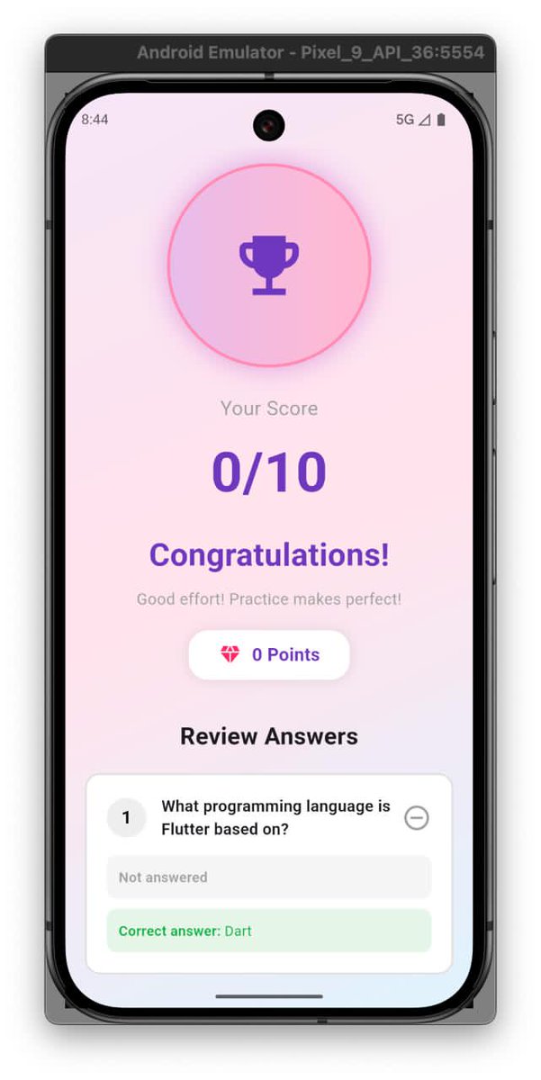 Flutter_Neyo's tweet image. #HNG stage 1 task
Im up at it. 
I developed a tech trivial app using  #Flutter 
The app allows you to answer 10 trivia tech questions with 25secs timer.
Also, shows the correct answers and the one you missed