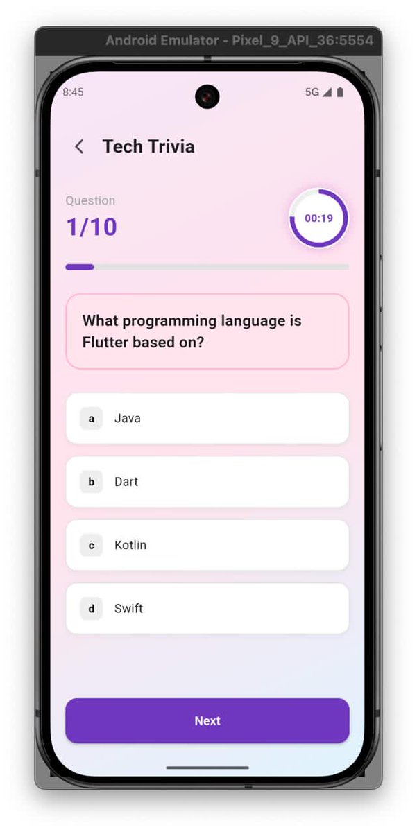 Flutter_Neyo's tweet image. #HNG stage 1 task
Im up at it. 
I developed a tech trivial app using  #Flutter 
The app allows you to answer 10 trivia tech questions with 25secs timer.
Also, shows the correct answers and the one you missed