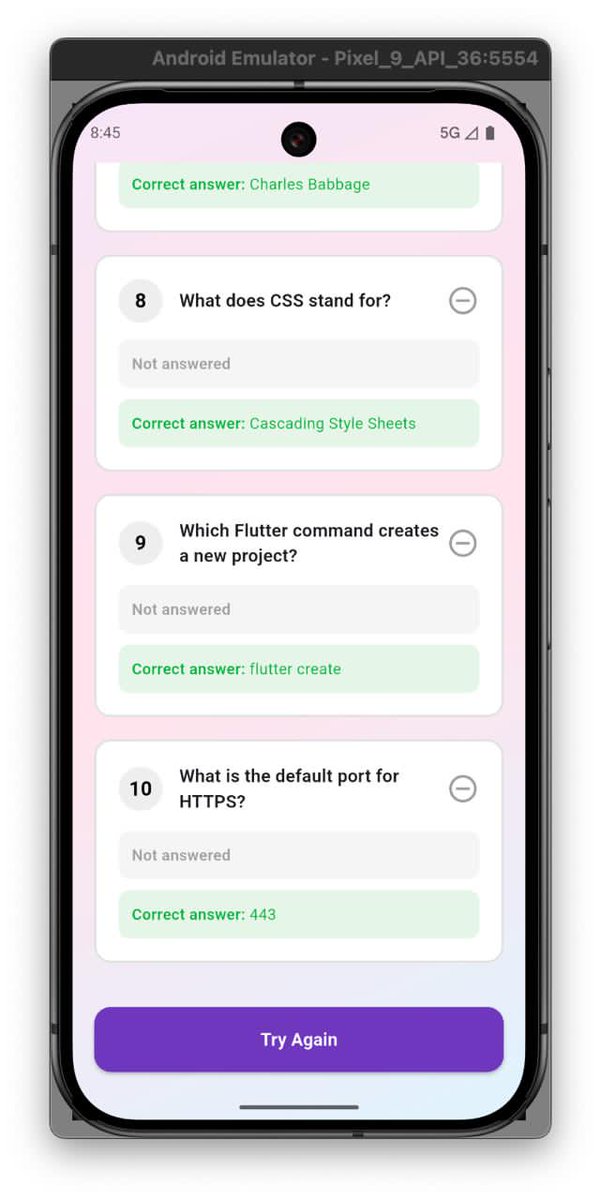 Flutter_Neyo's tweet image. #HNG stage 1 task
Im up at it. 
I developed a tech trivial app using  #Flutter 
The app allows you to answer 10 trivia tech questions with 25secs timer.
Also, shows the correct answers and the one you missed