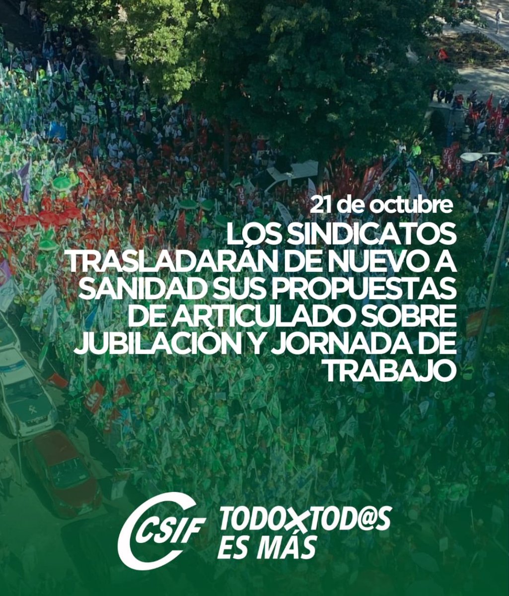 Los sindicatos trasladarán de nuevo a <a href="/sanidadgob/">Ministerio de Sanidad</a> sus propuestas de articulado sobre jubilación y jornada de trabajo.

#CSIF seguirá defendiendo los derechos del personal de la sanidad con responsabilidad y firmeza.

🔗 Noticia: csif.es/es/articulo/na…