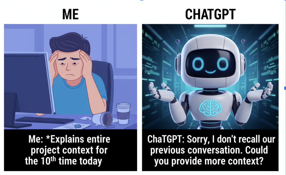 Damn_coder's tweet image. 🚨 BREAKING: ChatGPT just glitched.
Had a full convo with you… then forgot everything 7 seconds later.
If you’re tired of repeating your background, goals, and context every time…
Here’s how to fix it 👇