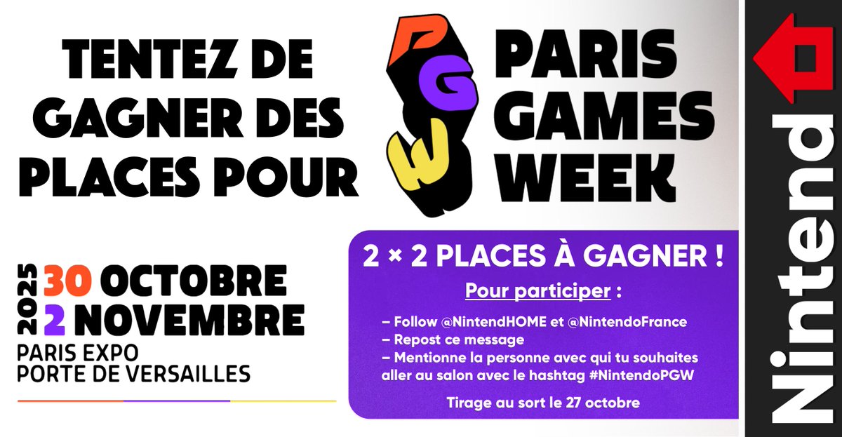 🎁 Concours – Tentez de gagner deux billets pour aller visiter l’énorme stand Nintendo à Paris Games Week !

🔄 RT et Follow <a href="/NintendHOME/">NintendHOME – News & Opinions Nintendo</a> et <a href="/NintendoFrance/">Nintendo France</a>
👤 Tag la personne avec qui tu veux y aller avec le hashtag #NintendoPGW
📅 Tirage le 27/10 (2 gagnants)