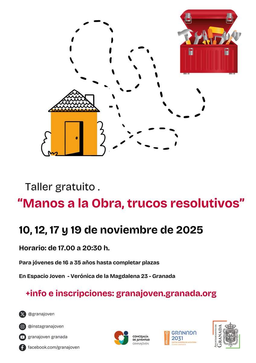 TALLER "MANOS A LA OBRA, Trucos resolutivos"

¿No sabes colgar una estantería, cambiar un grifo o poner papel pintado?
¡Este taller es para ti! Para jóvenes de 16 a 35 años
GRATIS — Plazas limitadas. + info:  granajoven.granada.org

<a href="/aytogr/">Ayuntamiento de Granada</a> <a href="/2031Granada/">2031 Granada</a> #granajoven