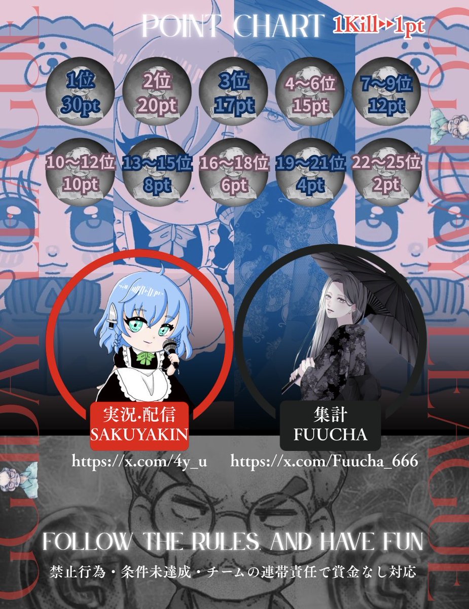~👴🏻第2回GG １Day League👴🏻~

👴🏻➤１１月２２日【土曜日】
👴➤22:00，22:35，23:10
          【嵐】     【東京】    【嵐】
👴🏻➤男女SQ🚺1⤴︎【※モブ1必須】

👑【賞金総額30.000】👑
・実況配信  【さくやきんさん】
・運営,集計【ふぅちゃさん】
📍参加費【850pay】配信,運営費等