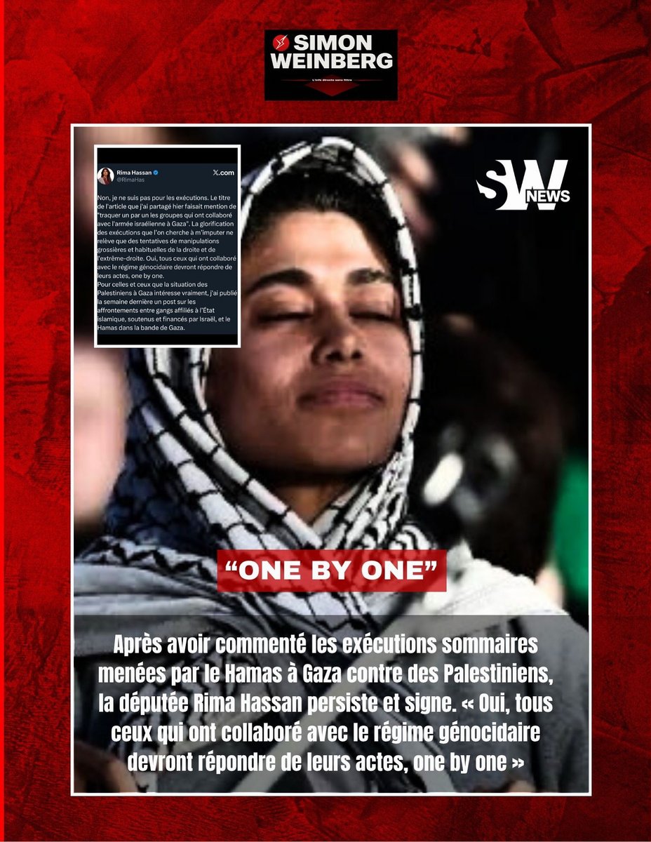 SlMONWEINBERG's tweet image. 🔴🇫🇷 | RIMA HASSAN > « One by one » La polémique enfle depuis la publication par Rima Hassan d’un post évoquant ceux qu’elle considère comme ayant « coopéré avec les forces israéliennes à Gaza ». Rima Hassan tente une justification. Mais sa défense aggrave son cas.
▪️ Elle…