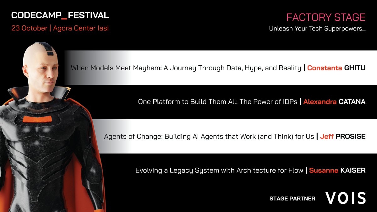 Codecampro's tweet image. Unleash your Tech Superpowers on the Factory Stage!

Get ready to level up your technical skills! This stage is packed with powerful content from experts focused on AI, platform engineering, and modern architecture for flow.

Full event details: codecamp.ro/codecamp-festi…!