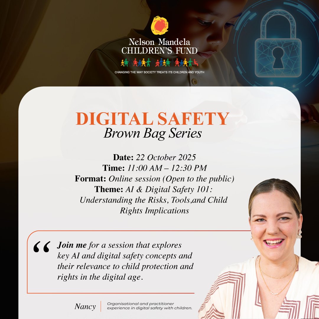 Happening today! Join us at 11:00 AM SAST for AI &amp; Digital Safety 101: Understanding the Risks, Tools, and Child Rights Implications.

The speakers will unpack how tech, ethics &amp; advocacy intersect, and what it means for the next generation. 
🕚 Join here: zoom.us/j/95479664115?…