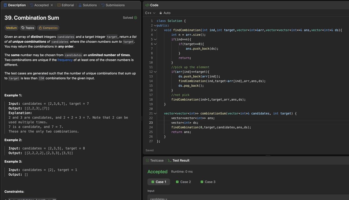 Rohan_269's tweet image. Day 72/200: Solved -“Combination Sum” 🎯
Learned how recursion and backtracking work together to explore all possible combinations that add up to the target.
#200DaysOfCode #LeetCode #Day72 #strivers #A2ZDsa #CodingChallenge