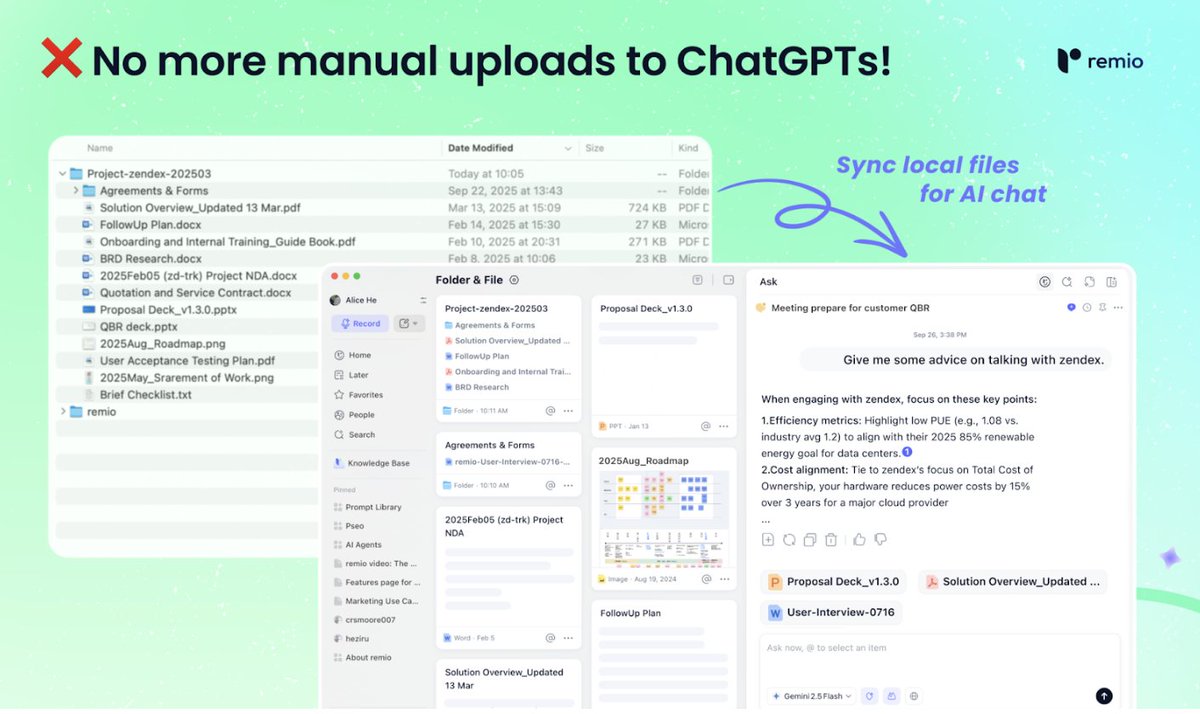 Damn_coder's tweet image. 2. No More Manual Uploads to ChatGPT
Connect your folders once.
remio auto-indexes your files in real time → making your whole project instantly chatable with AI.
Ask anything. It already knows.