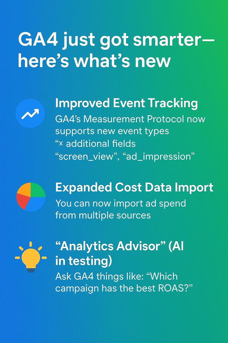 Freelancer87875's tweet image. jannatun059
9m
GA4 just got smarter here’s what’s new (2025 update) source : lnkd.in/gt6bg…If you’re tracking performance through GA4, a few recent updates can really level up your analytics 👇 #GA4 #GoogleAnalytics4 #GTM #GoogleTagManager #DigitalAnalytics