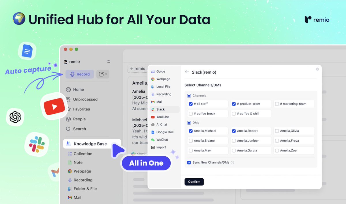 Damn_coder's tweet image. 4. Your Unified Knowledge Hub
No more digging through apps and tabs.
remio 2.0 connects Slack, emails, web pages & files into a single searchable workspace — your AI-powered second brain.