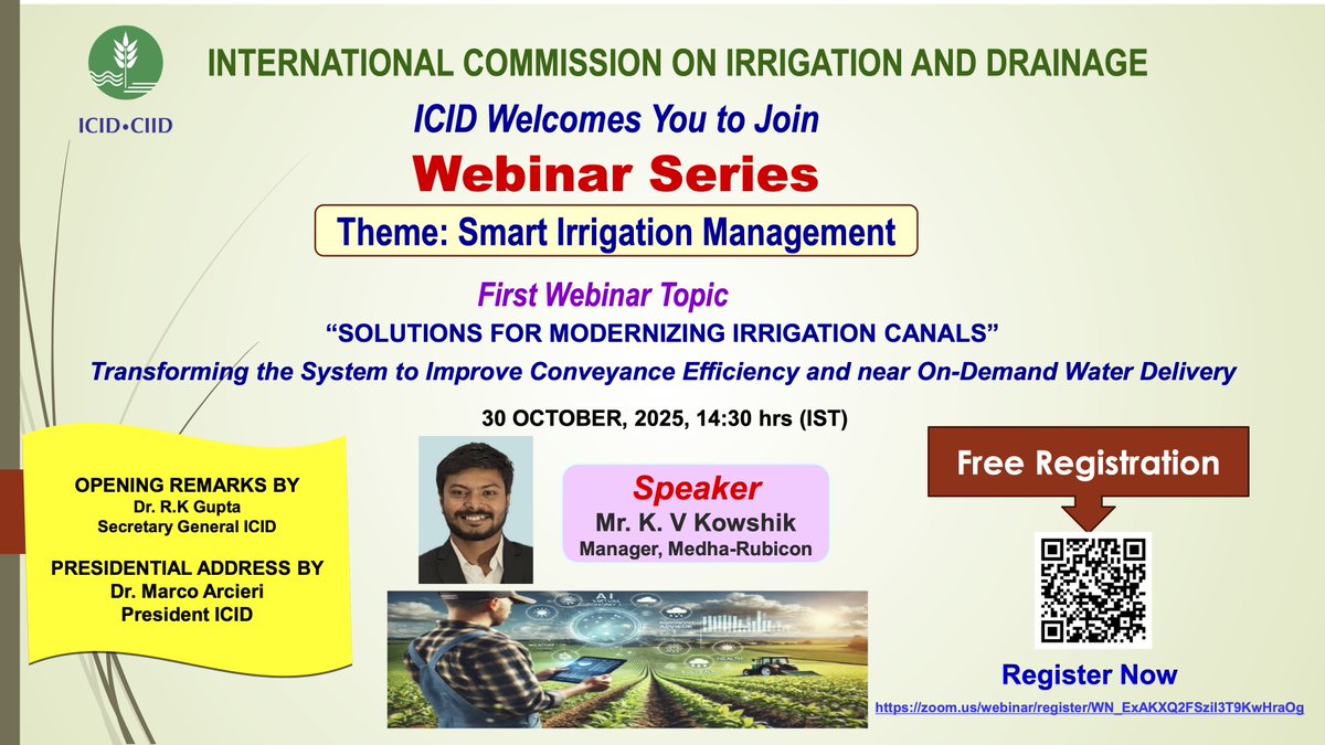 📌El próximo 30 de octubre se celebra el primer webinar de la serie sobre “Smart Irrigation Management” de la Comisión Internacional de Riego y Drenaje (ICID).

💦Tratará sobre soluciones para modernizar canales de #riego.

ℹ️Más información 👉mapa.gob.es/es/desarrollo-…
<a href="/gobmapa/">Ministerio de Agricultura, Pesca y Alimentación</a>