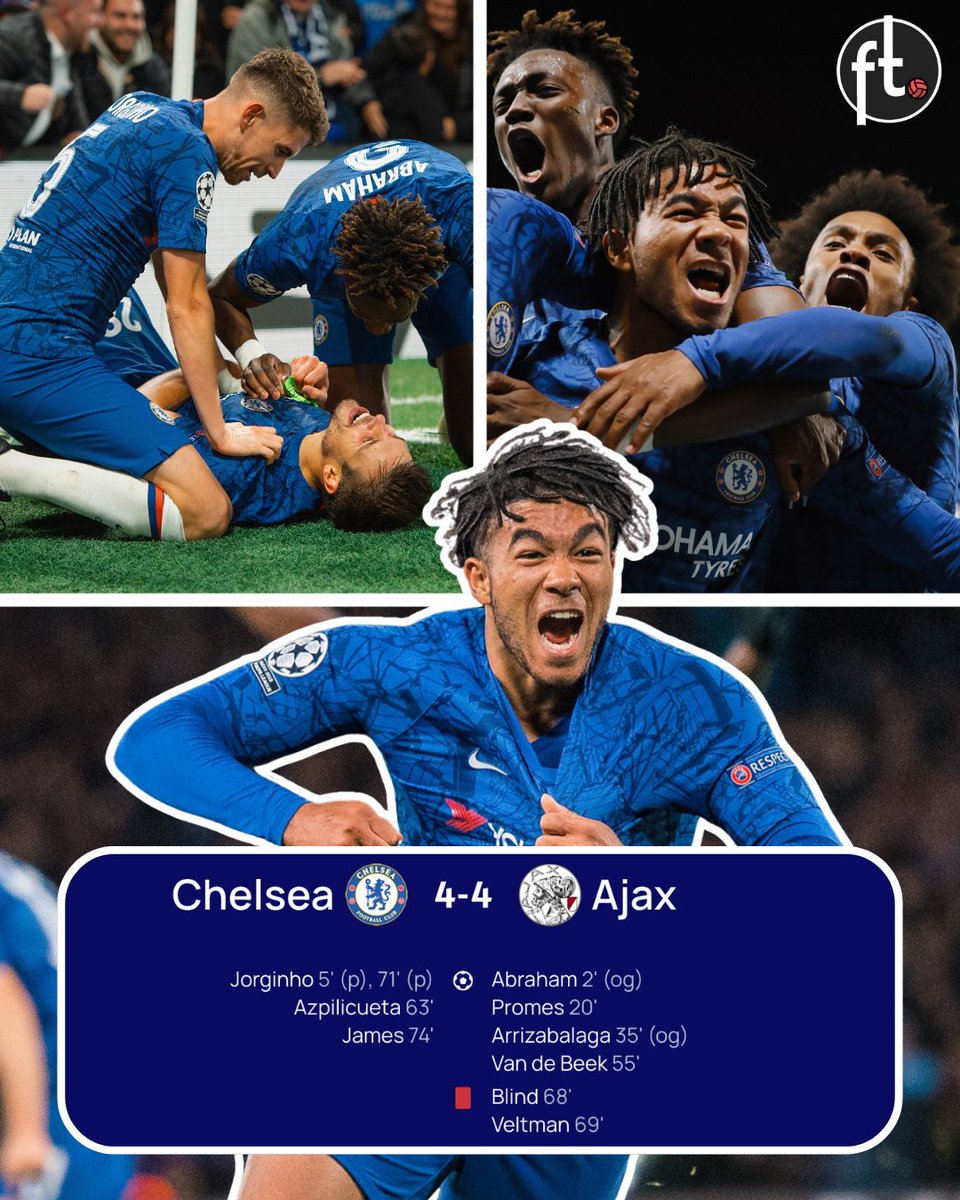 Footballtweet's tweet photo. 🗓️ The last time Chelsea faced Ajax in the Champions League they drew 4-4.

The Chelsea startling line-up that day:

🇪🇸 Kepa Arrizabalaga (GK)
🏴󠁧󠁢󠁥󠁮󠁧󠁿 Fikayo Tomori (DEF)
🇫🇷 Kurt Zouma (DEF)
🇪🇸 Marcos Alonso (DEF)
🇪🇸 César Azpilicueta (DEF)
🇮🇹 Jorginho (MID)
🏴󠁧󠁢󠁥󠁮󠁧󠁿 Mason Mount (MID)
🇭🇷 Mateo Kovačić (MID)
🏴󠁧󠁢󠁥󠁮󠁧󠁿 Tammy Abraham (FOR)
🇺🇸 Christian Pulisic (FOR)
🇧🇷 Willian (FOR)

𝗠𝗮𝗻𝗮𝗴𝗲𝗿: Frank Lampard 🏴󠁧󠁢󠁥󠁮󠁧󠁿