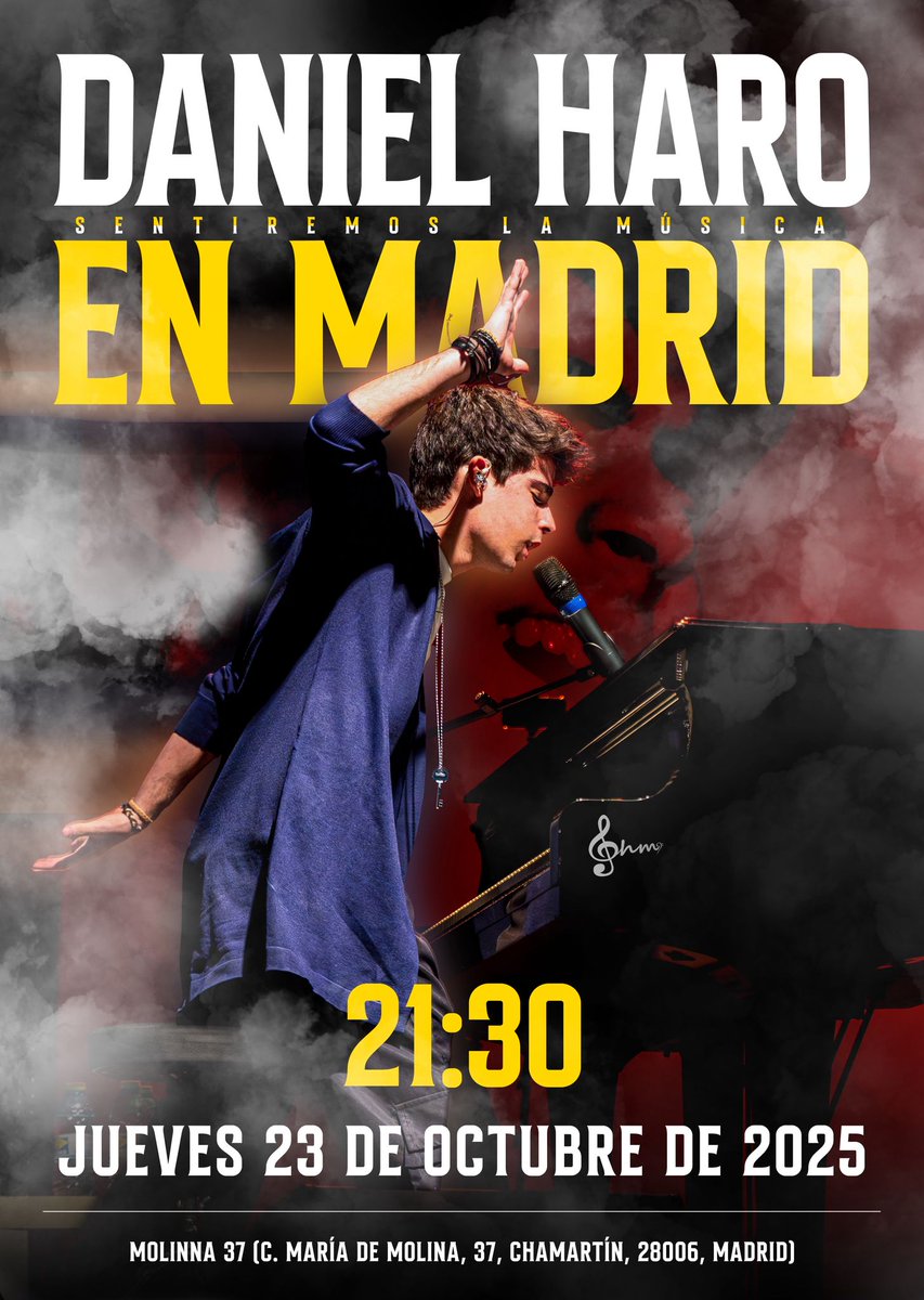 🗞 No te pierdas el conciertazo que da el artista, cantante, pianista, productor valenciano <a href="/danielharomusic/">Daniel Haro</a> , el próximo 23 de octubre,  en Molinna 37 ,  C/María de Molina, 37 28006 Madrid.
Qué no te lo cuenten! 
Entradas Aquí!ℹ️👇🔗🎟🚀▶️web.fourvenues.com/es/molinna-37/…
#Recomendado
