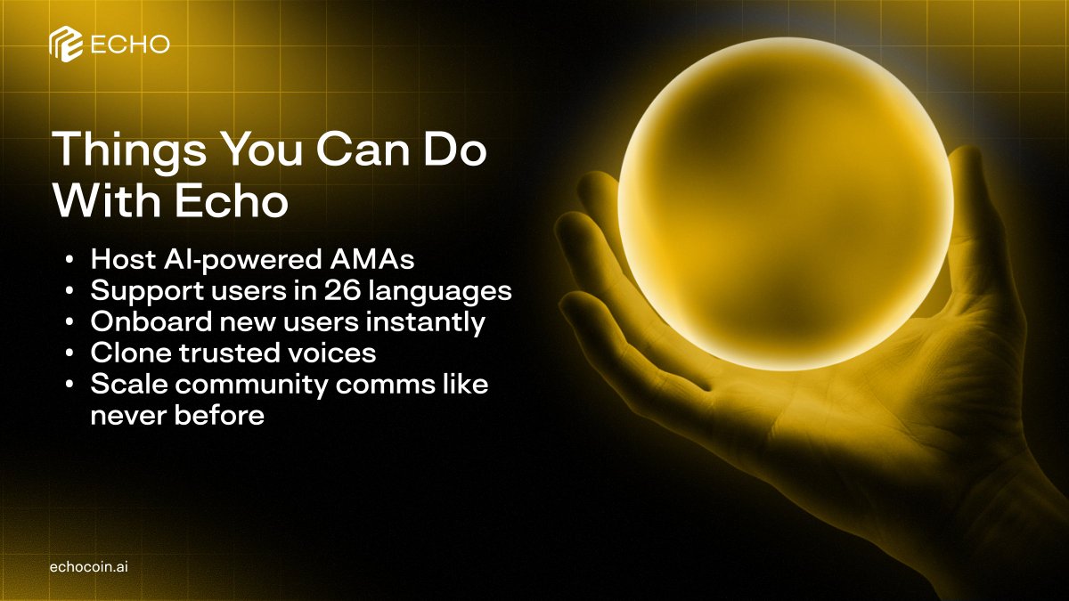 EchoBSC's tweet image. 5 things you can do with $ECHO: 

 1️⃣ Host AI-powered AMAs 
 2️⃣ Support users in 26 languages 
 3️⃣ Onboard new users instantly 
 4️⃣ Clone trusted voices 
 5️⃣ Scale community comms like never before 

#EchoAI #VoiceTech #BSC #BNB