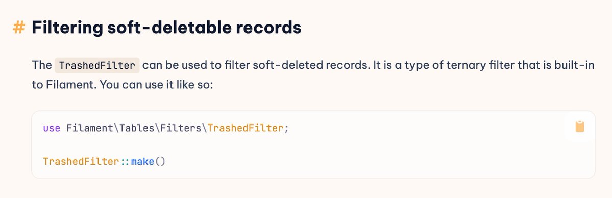 PovilasKorop's tweet image. Tip on @filamentphp.
In Table Filters, you probably know the TernaryFilter for boolean values.
But did you know about a specific `TrashedFilter`?
It's a special kind of TernaryFilter, for soft-deletes.
Docs: filamentphp.com/docs/4.x/table…
#practicalFilamentDocs