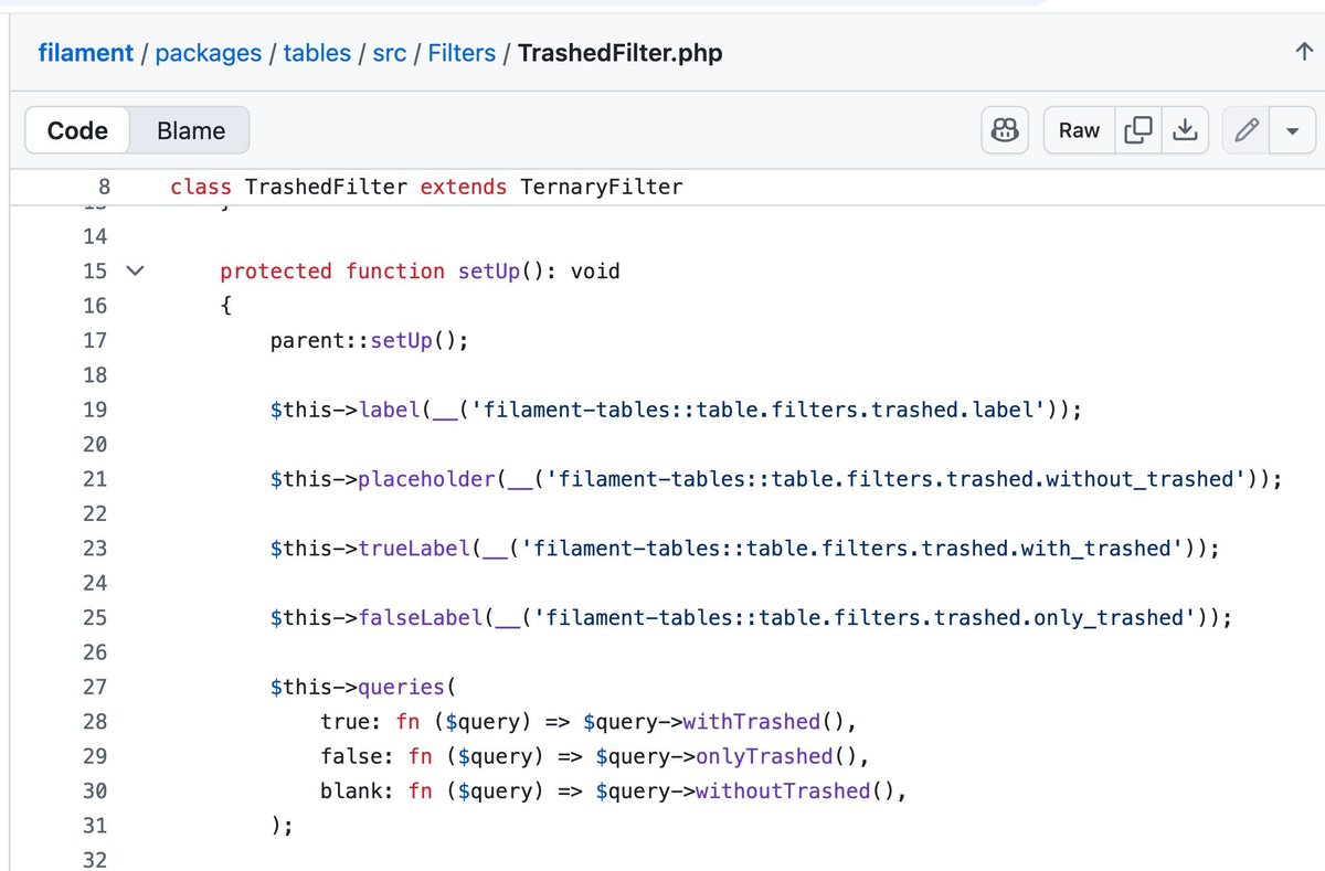 PovilasKorop's tweet image. Tip on @filamentphp.
In Table Filters, you probably know the TernaryFilter for boolean values.
But did you know about a specific `TrashedFilter`?
It's a special kind of TernaryFilter, for soft-deletes.
Docs: filamentphp.com/docs/4.x/table…
#practicalFilamentDocs