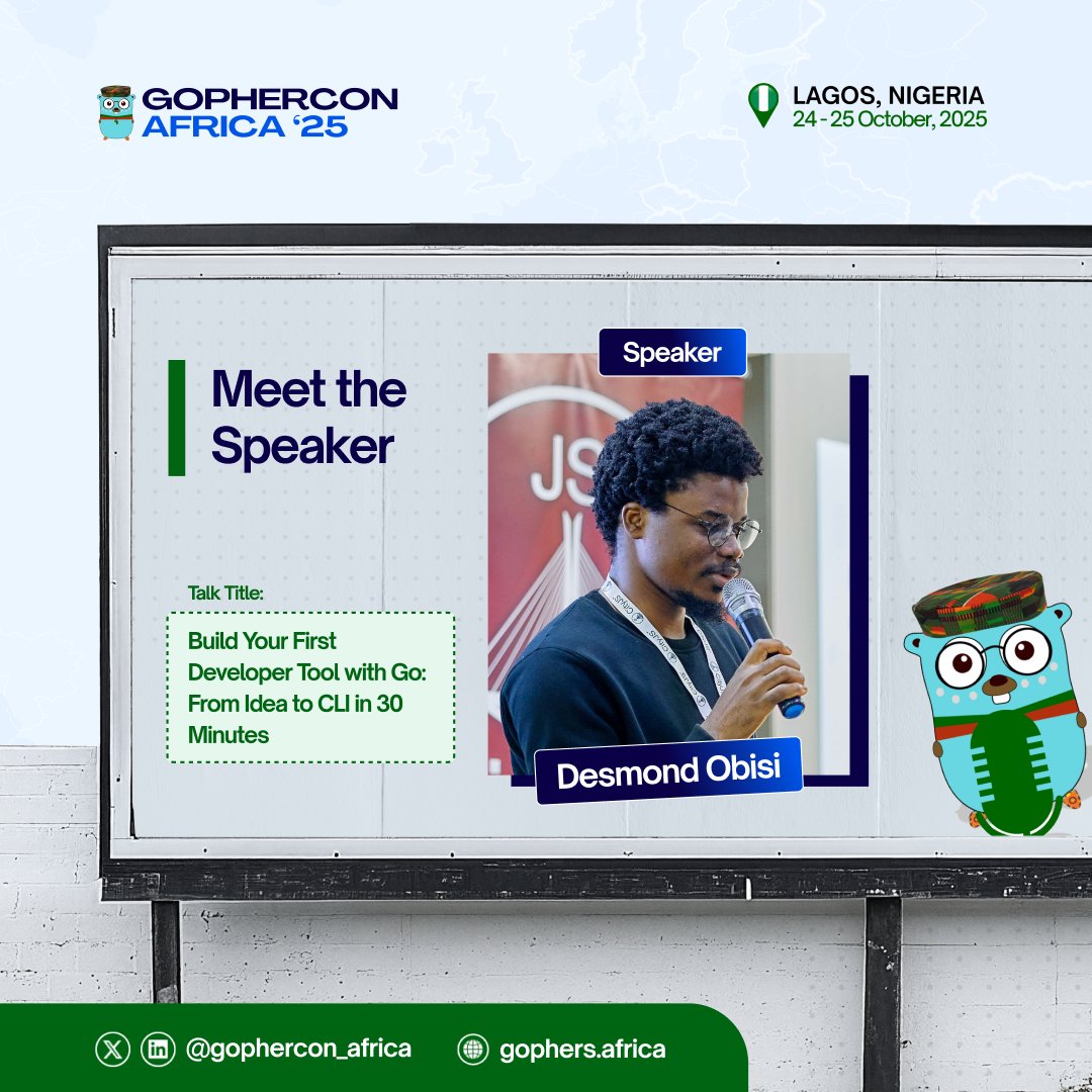 gophers_africa's tweet image. 🎤 Speaker Spotlight: @0X_anon_
"Build Your First Developer Tool with #Go: From Idea to #CLI in 30 Minutes"
Live coding session! Build a real DX tool that scans .env files & checks for missing variables 🔥
Perfect for beginners—no experience needed!
👇gophers.africa/#tickets